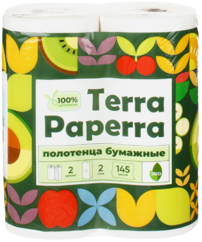 Полотенца бумажные Terra Paperra (в рулоне), 2 рулона, ширина 230 мм, белые
