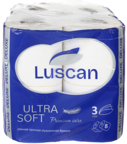 Бумага туалетная Luscan Deluxe, 8 рулонов, ширина 90 мм, белая