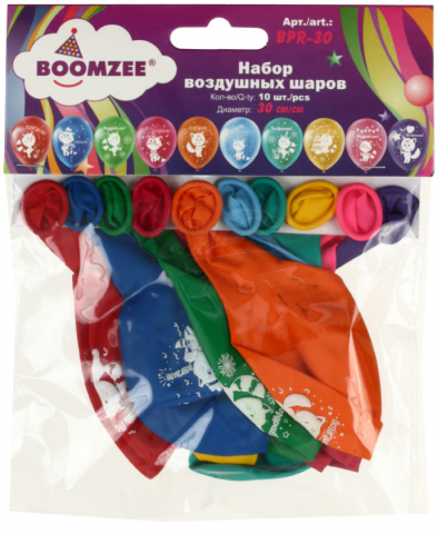 Набор воздушных шаров Boomzee с рисунком, 10 шт., 12"/30 см., «Поздравляю!», ассорти