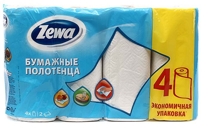 Полотенца бумажные Zewa (в рулоне) 4 рулона, ширина 230 мм, белые