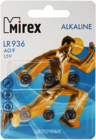 Батарейки щелочные дисковые Mirex Alkaline, AG9, LR936, 1.5V, 6 шт. Батарейки щелочные дисковые Mirex Alkaline, AG9, LR936, 1.5V, 6 шт.