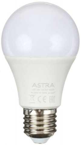 Лампа светодиодная Astra А60, 10W, 230V, цоколь E27, 3000К, 760 лм, теплый свет Лампа светодиодная Astra А60, 10W, 230V, цоколь E27, 3000К, 760 лм, теплый свет