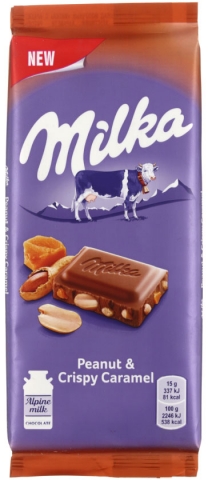 Шоколад Milka, 90 г, молочный шоколад с арахисом, карамелью, рисовыми шариками и кукурузными хлопьями