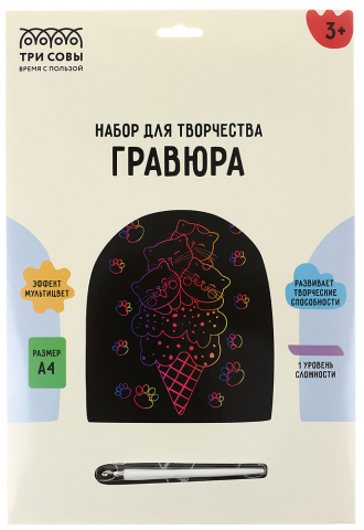 Набор для творчества «Гравюра. Три совы» А4, «Котомороженое», с эффектом мультицвета