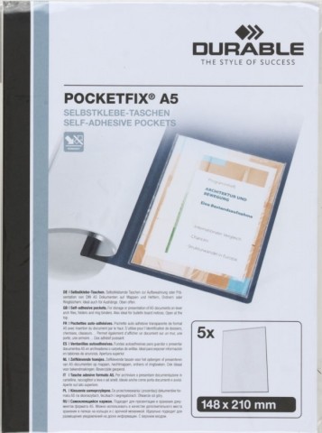 Кармашки самоклеящиеся Pocketfix , А5 (148*210 мм), 5 шт., прозрачные