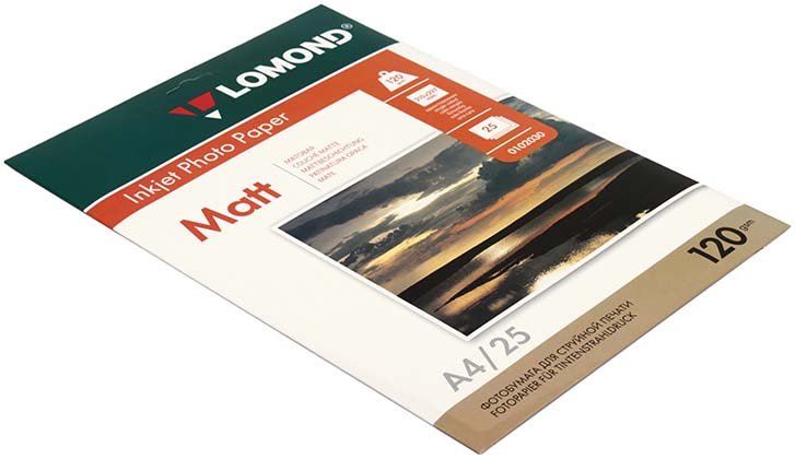 Бумага для струйной фотопечати матовая односторонняя Lomond А4 (210×297 мм), 120 г/м², 25 л. Бумага для струйной фотопечати матовая односторонняя Lomond А4 (210×297 мм), 120 г/м², 25 л.